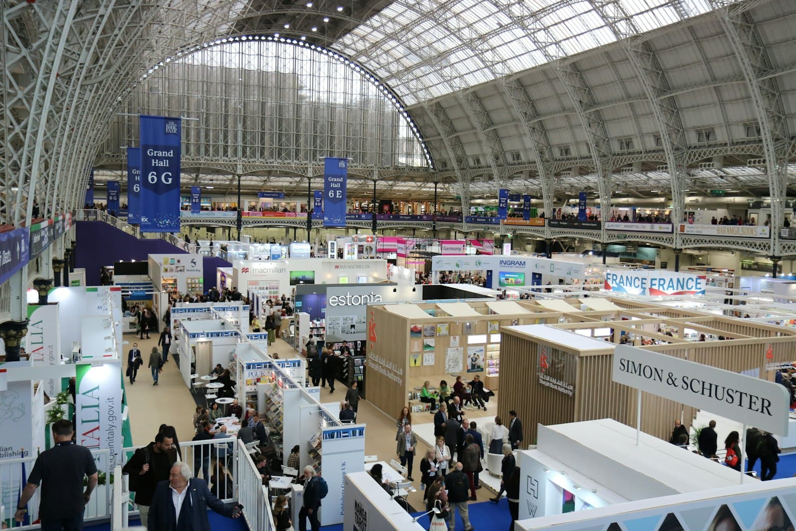 A busy exhibition hall at a trade fair