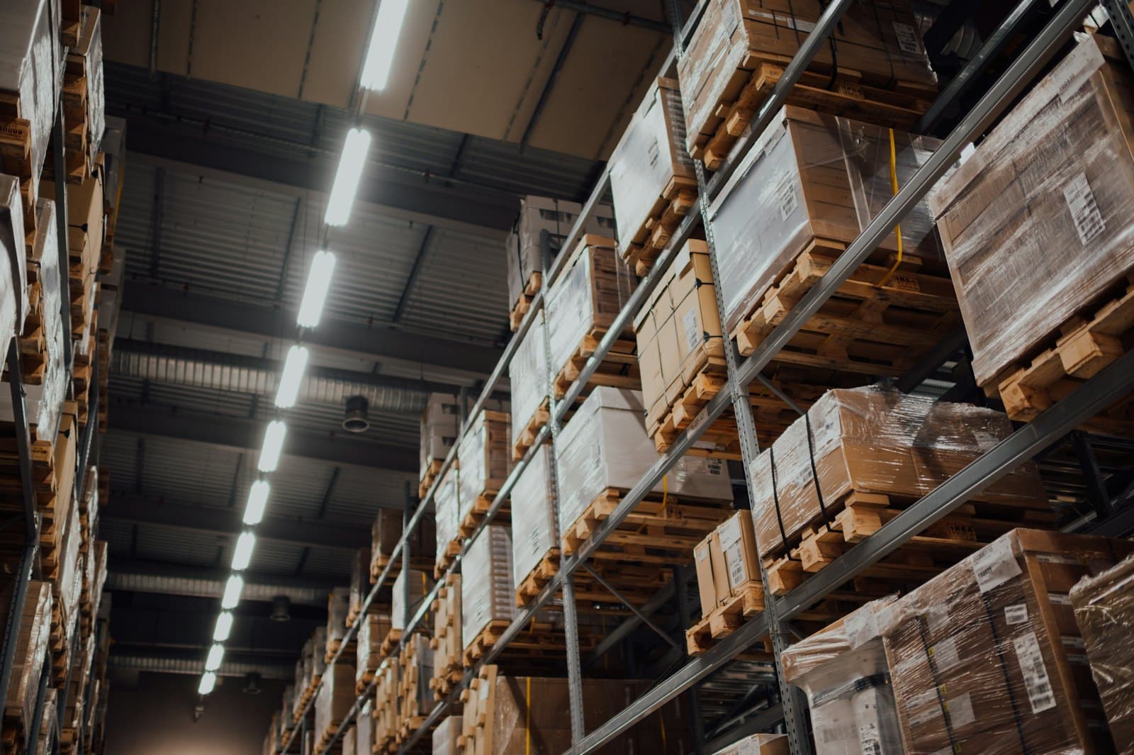 Boxed goods stored on warehouse racks